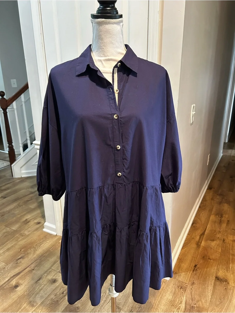 Free People Navy Tiered Button-Front Tunic XS fits like S/M